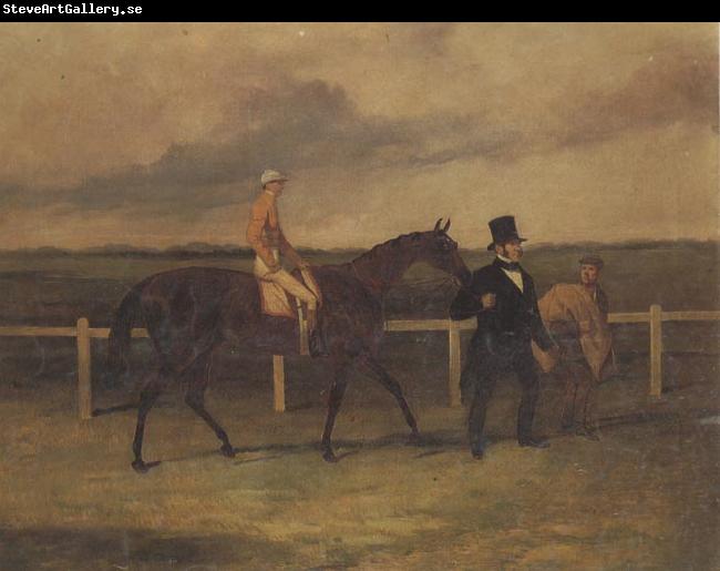 Harry Hall Mr J B Morris Leading his Racehorse 'Hungerford' with Jockey up and a Groom On a Racetrack